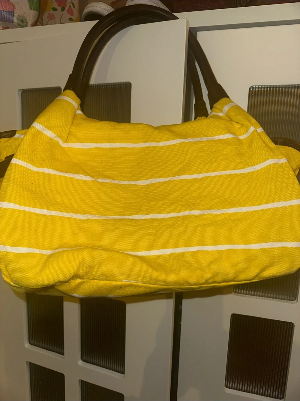 kate spade Yellow and White Striped Canvas Tote with Dark Handles